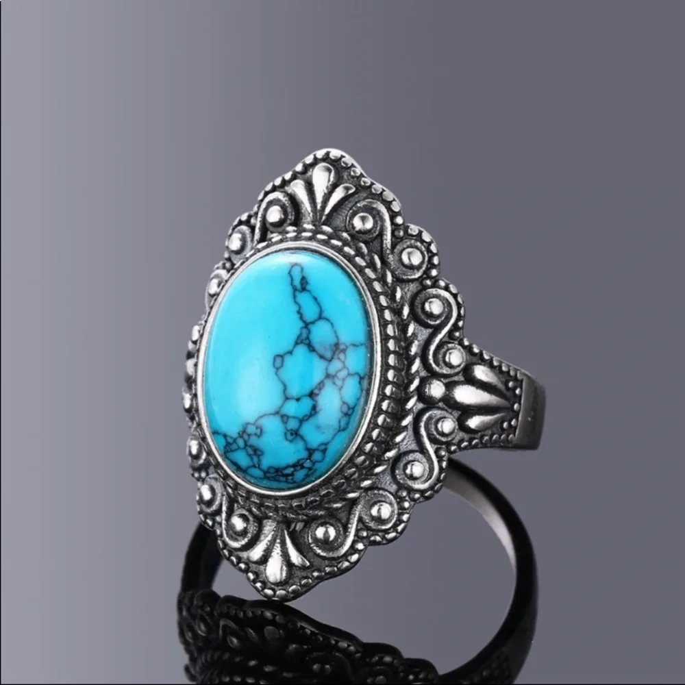925 STERLING SILVER VINTAGE TURQUOISE NATURAL LABRADORITE SIZE 7 RING - Picture 2 of 5